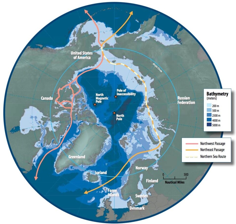 A map showing different routes across the top of the world. The Northern Sea Route, shown to the left, is already in use today.