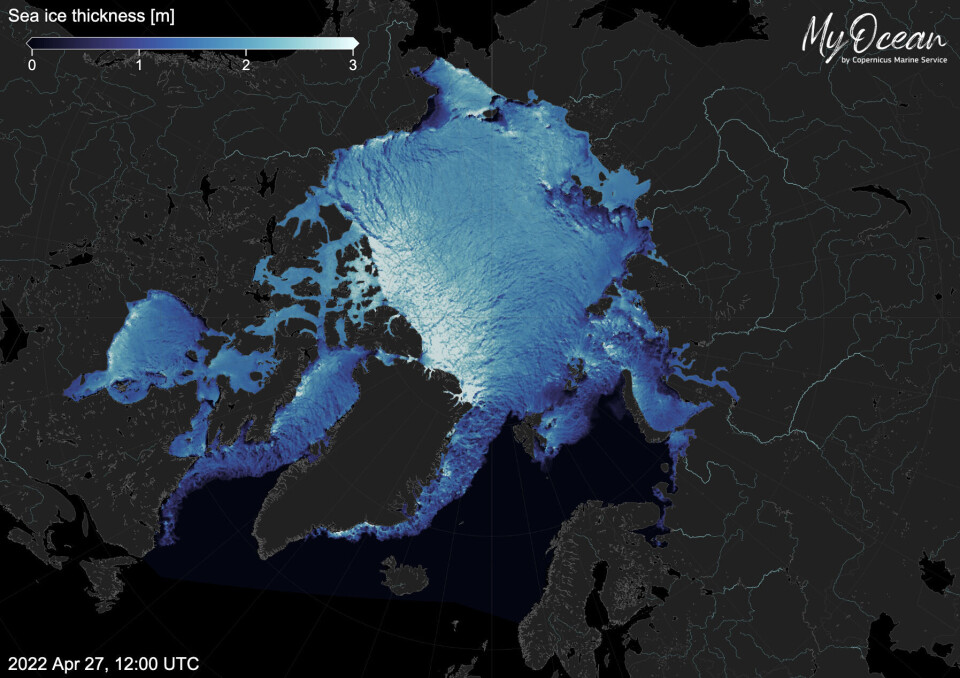 Sea ice prediction for 27 April, generated the previous day by researchers from the Bjerknes Centre and the Nansen Environmental and Remote Sensing Center.