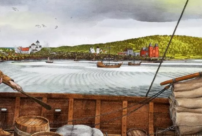 Reconstruction of Oslo in the early 14th century. The red building to the right is St Mary's Church, and right next to it the royal manor, built in stone. Oslo was declared the capital of Norway in 1314.