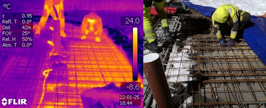 It works! After a few hours of preheating, the cover is pulled aside to make some final adjustments to the reinforcement. The effect of the supplied heat is obvious.