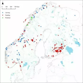 The red dots show the rock paintings that had been found in the Nordic countries up to 2010. Even more have been discovered since then.