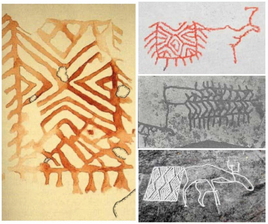 Here you see some of the patterns that are repeated in completely different localities, says Reidun Laura Andreassen. The left image is a figure found on Lake Vitträsk just outside Helsinki in Finland. At the top and middle right a painted pattern from Hjemmeluft in Alta. At the bottom right a petroglyph from Forselv in Nord-Trøndelag.