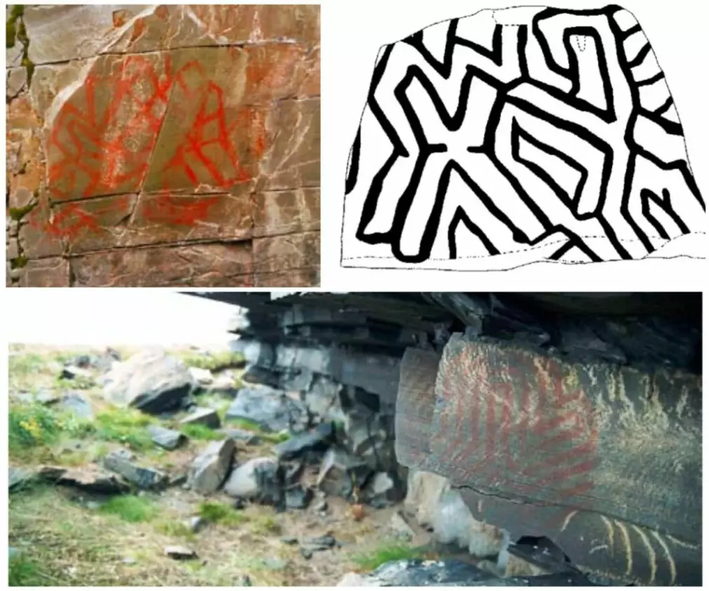 The first picture in this article is from Transfardalen near Alta. Here the motif is again at the top left. Compare it with a pattern from Nyelv in Nesseby, which is also in Finnmark (top right) and with the picture below which is from a rock wall on the Rybachy Peninsula, Kola, Russia.