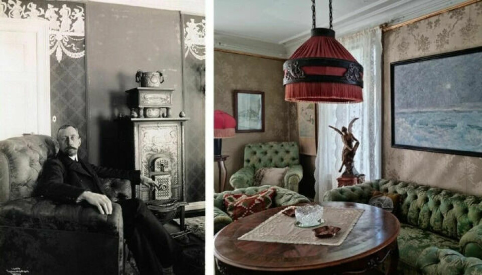 Left: Roald Amundsen at home in Svartskog in 1909. Right: The house was opened to the public in 1934 and today stands exactly as it was when Amundsen lived there.