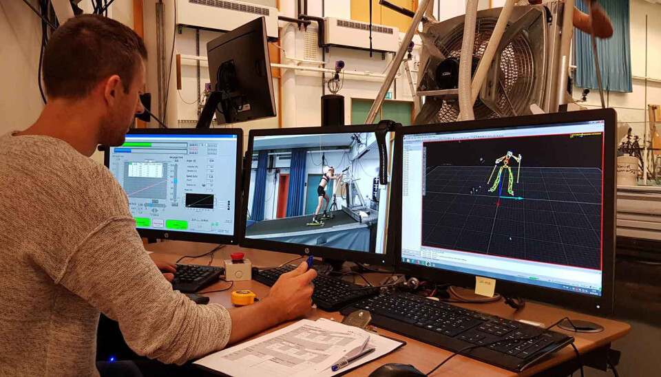 Young athletes and skiers at national team level were tested and measured to identify ways of increasing speed during races. Ove Hukset Sollie beside the skiing treadmill at NIH.