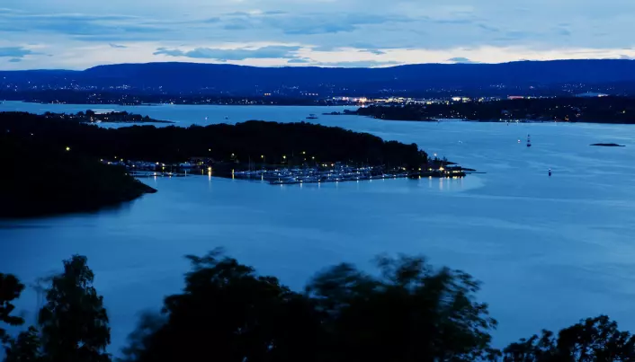 Hovedøya in the Oslofjord by night. The small island can be accessed by ferries during the daytime and is a popular place to visit for outings and swimming during the summer.