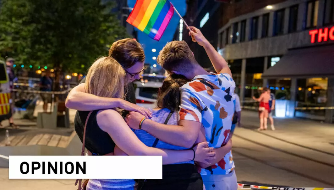 This is about whether or not to accept human rights at all. It’s about whether LGBT people should be without legal rights or not, due to certain dominant religious beliefs, writes professor Dag Øistein Endsjø. The photo is from the night of the shootings outside an LGBT-bar in Oslo.