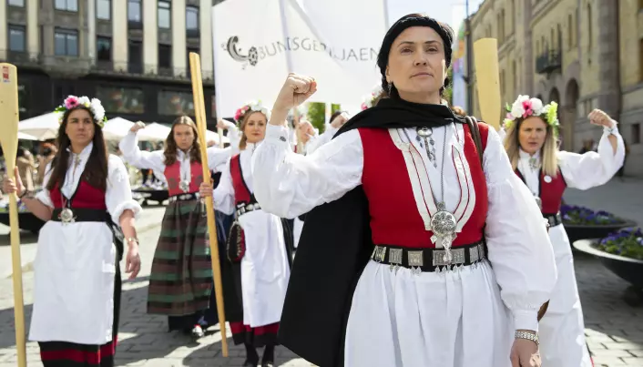 Anja Cecilie Solvik heads a protest march in 2019 by the Bunad Guerrilla against cuts and closures of hospitals and maternity wards in the regions of Norway.