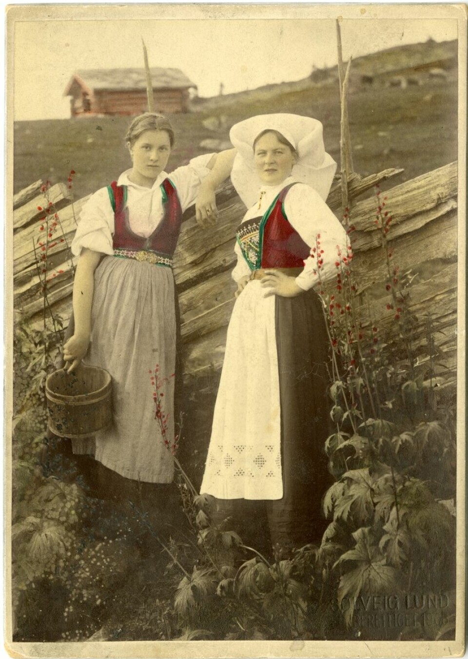 Solveig Lund established herself as a photographer in 1892. One of the themes in her photographs are portraits of women dressed in bunads, in the studio and outdoors. More of Lund’s photos can be seen at digitaltmuseum.no. The women in this photo are wearing a traditional costume from Hardanger.