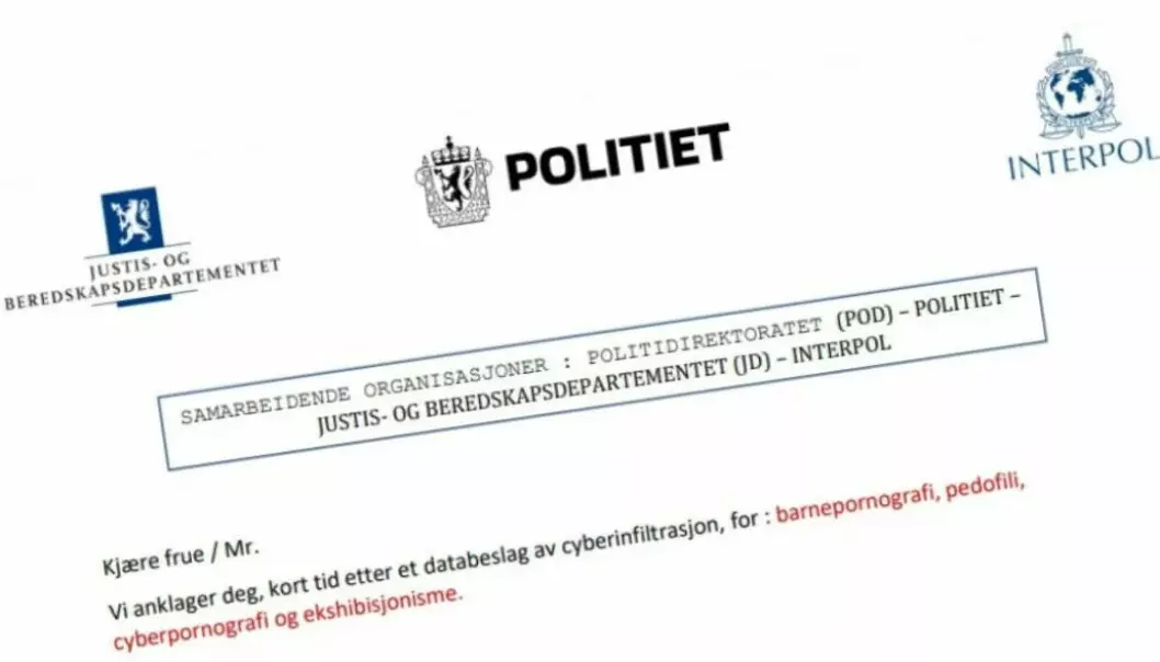 This e-mail is very well known to the Norwegian police. It may look like it’s actually from the police and accuses the recipient of being in possession of child pornography.