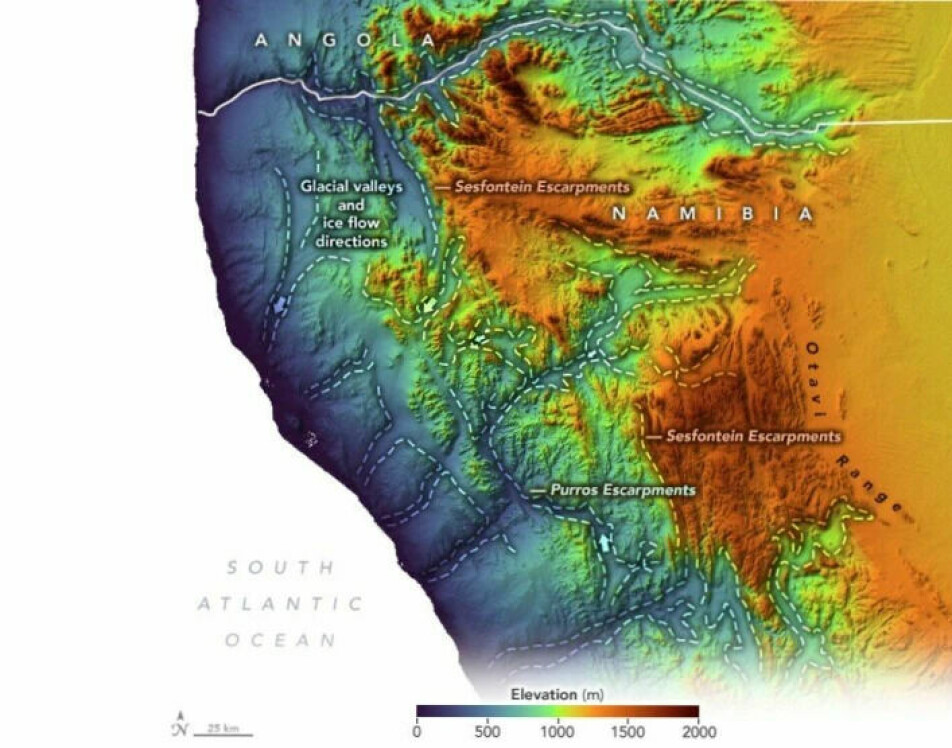 This map reveals the ancient fjords that extend into northwestern Namibia's desert landscape. A landscape where 'Norwegian' glaciers once drifted slowly out between mountains that still reach up to 2,000 meters in height.