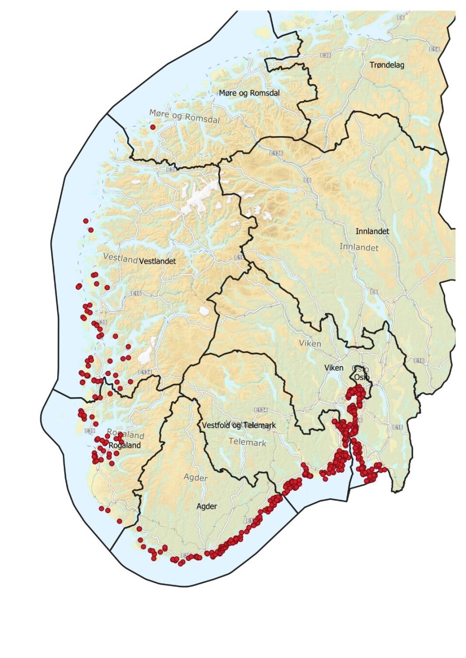 The distribution of registered discoveries of Pacific oysters up to 2020, from the Swedish border north to Rogaland.