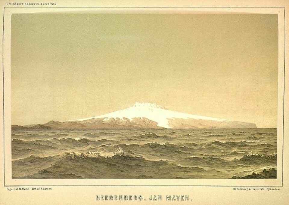 The Beerenberg (bear mountain) volcano on Jan Mayen, painted by the Norwegian meteorologist Henrik Mohn (1835-1916).