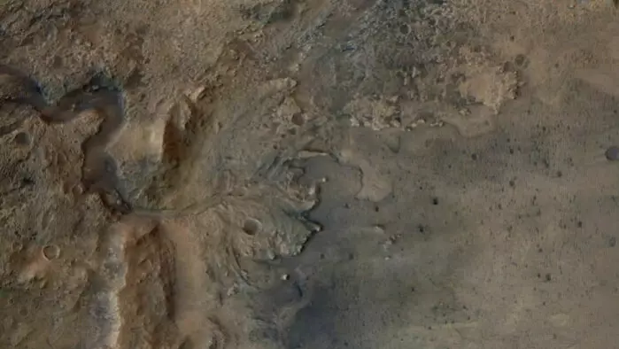 The picture shows an ancient river delta at one end of the Jezero crater.
