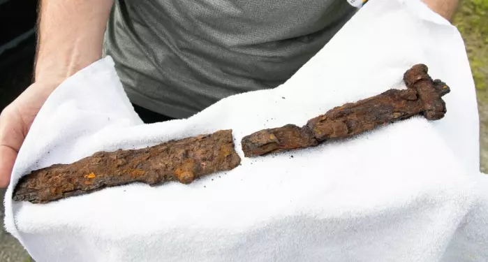 The sword is in two pieces, and very rusty and frail. It has now been sent to NTNU in Trondheim for further examination and conservation.