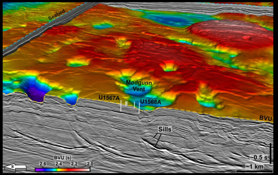 A coloured seismic map shows pipe structures and craters on the Vøring Plateau. The map is based on seismic data collected by the company TGS.