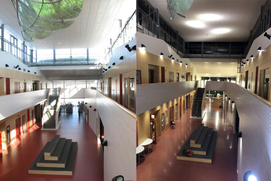 The entrance area of Fagereng school in Tromsø photographed in daylight during the summer (left) and under artificial lighting in winter (right). Architects: Fråne Hederus Malmström arkitekter and Arkitektlaget.