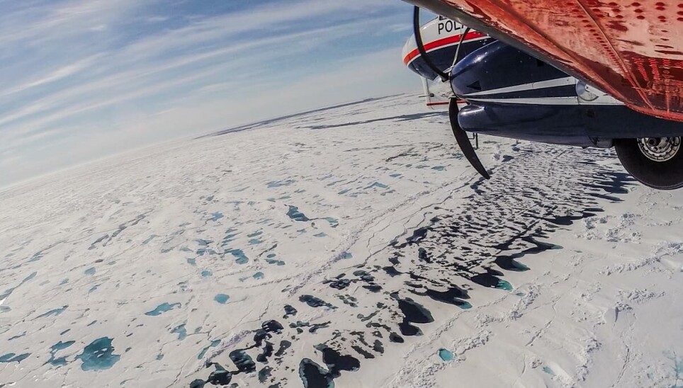 The image shows melting sea ice in the Arctic photographed from the Alfred Wegener Institute’s airborne sea-ice survey IceBird.