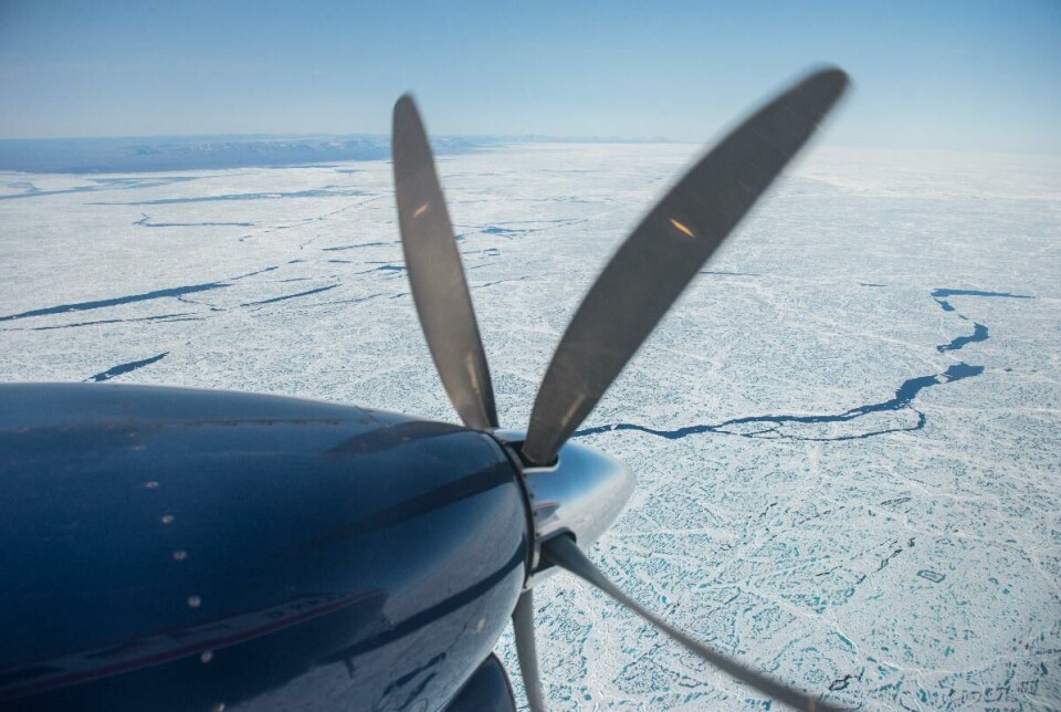 The image shows melting sea ice in the Arctic photographed from the Alfred Wegener Institute’s airborne sea-ice survey IceBird.