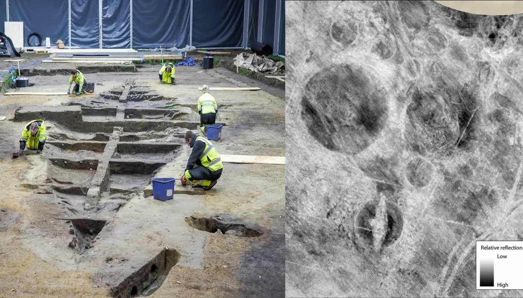 The Gjellestad Viking ship was discovered in 2018 by georadar - you can clearly see the outline of the ship on the right hand image. The ship was excavated in 2020 and 2021.
