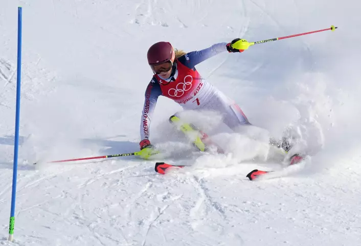 Here, Mikaela Shiffrin from the USA misses a gate during the Olympics in Beijing in 2022. The alpinist did not finish (DNF) in two of three events at the games.