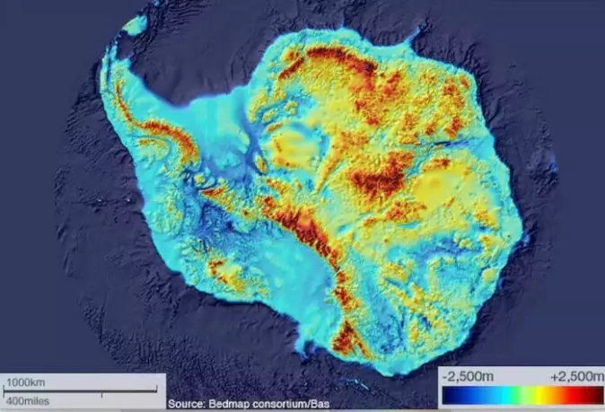 The image shows the topography of the bedrock of Antarctica. Red and yellow are above sea level, dark blue is deep below sea level.