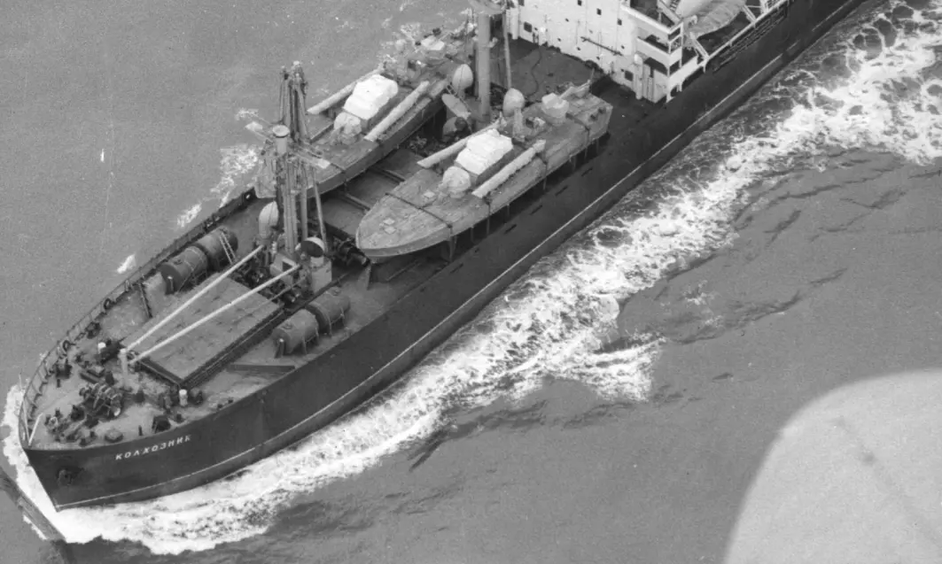 Cuba 1962. The Soviet cargo ship KOLKHOZNIK on its way to Cuba - before the American blockade that would eventually put an end to the two-week Cuban Missile Crisis.