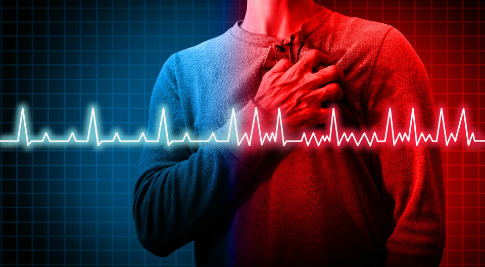 The illustration shows a normal heart rhythm on the left with a blue background, and an abnormal heart rhythm on the right with a red background.