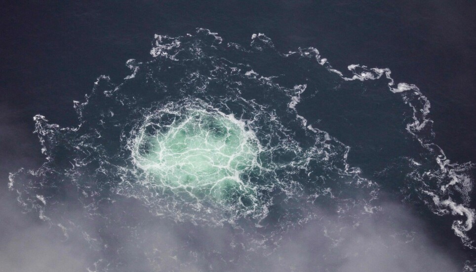 Photo taken on September 28 by the Swedish Coast Guard shows the release of gas emanating from a leak on the Nord Stream 2 gas pipeline in the Baltic Sea. A man suspected of being a Russian spy in Norway recently participated in a training event in Lithuania on hybrid threats where this type of scenario was discussed, Norwegian newspaper VG writes.