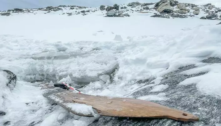 Ski number two was discovered in 2021, with the tip sticking out of the ice.