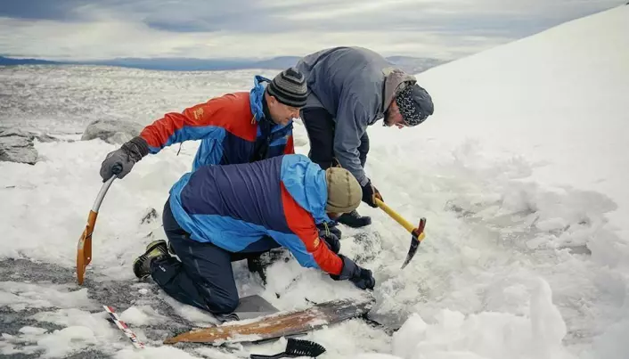 Researchers digging the ski out of the ice.