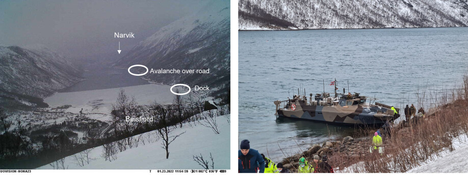 Location of ice in Beisfjord while avalanche debris covered the only road leading into the community (left). The dock was not accessible, so a military boat (right) could only dock further away along a rocky coastline when the tide allowed.