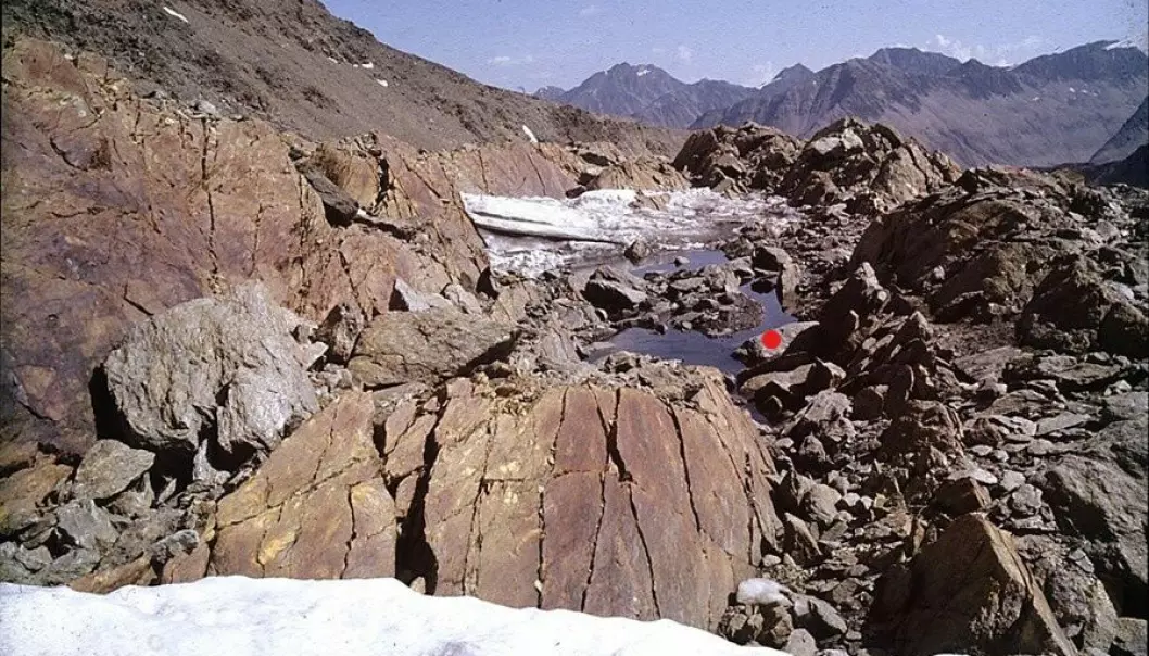 The gully from the west. The spot where Ötzi was found is marked with a red point.
