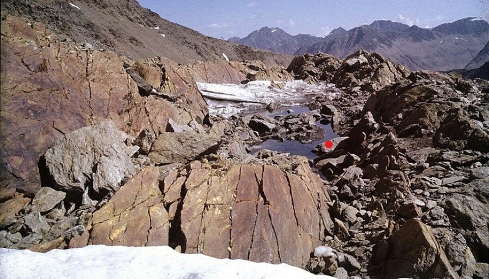 The gully from the west. The spot where Ötzi was found is marked with a red point.