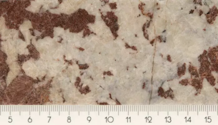 Pictured is a section of a drill core containing brown and white minerals.