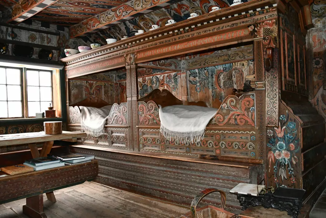 Decorative beds were sometimes a status symbol. These rose-painted beds are on the Yli farm in the village of Heddal in Telemark.