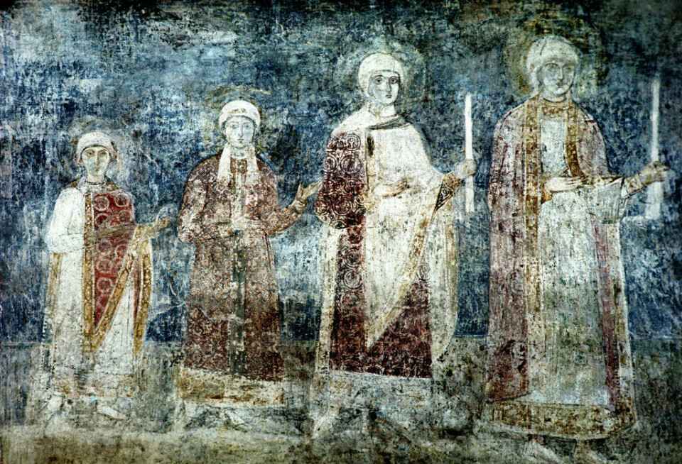 The fresco in St. Sophia Cathedral in Kyiv depicting Yaroslav's daughters. Anna is probably the youngest on the left, followed by Anastasia, Ellisiv (Jelisaveta) and Agatha furthest to the right. The fresco is from the 11th century.