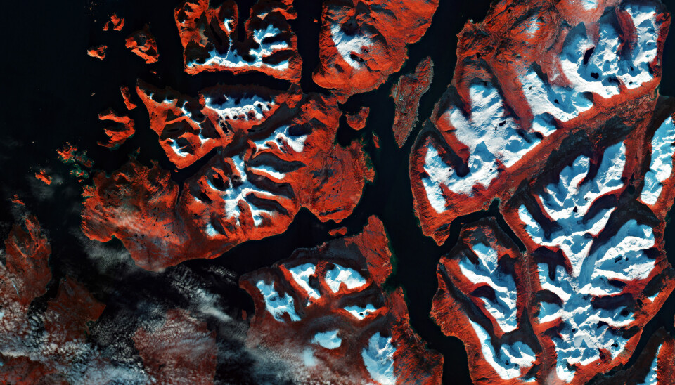 Infra red picture of Tromsø. Artificial coloring makes all vegetation look red. Shot from the satelite Sentinel-2. With the use of ESA's satelites we can construe a global image of the elements involved with climate change. Including such as temperature, vegetation, water quality og quantity, according to Andrea Marinoni.