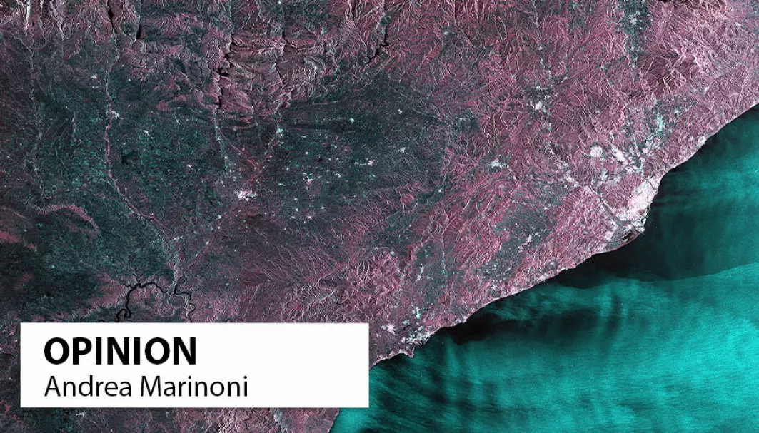 The picture shows a section of the Catalonian coastline, shot with radar imaging equipment from the satelite, Sentinel-1. The blue-green fields are cultivated landscape, filled with wheat, fruit and vegetables. Barcelona at the right bottom and Lleida city in the middle.