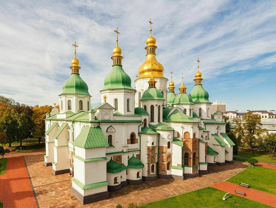 Pictured here is St. Sofia Cathedral in Kyiv, where the fresco of Princess Ellisiv can still be found on one of the walls. The cathedral was begun by Yaroslav the Wise in the year 1037, and construction continued while Harald Hardråde was in the city. The Kingdom of Kyiv had become Christian in 988. St. Sofia was the first building in Ukraine to be included in the UN World Heritage List.