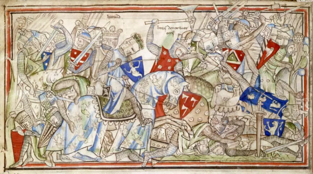 The Battle of Stamford Bridge in 1066. Harald Hardrada is in the middle, dressed in red and wielding an axe. The image is taken from The Life of King Edward the Confessor by Matthew Paris, which was published in the 13th century.