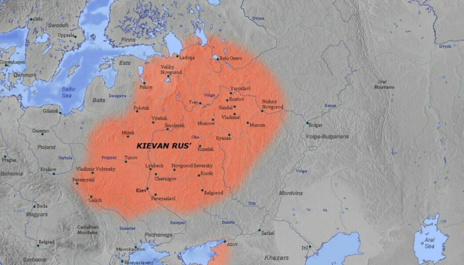 Kyivan Rus’ (Old Norse: Garðarikí) in the 11th century. The kingdom was probably founded by Swedish Vikings in the 8th century with Novgorod in the north as its capital. When the kingdom was at its most powerful under Yaroslav the Wise in the 11th century, Kyiv in the south had become the capital. You can see Norway and Sweden at the top left.