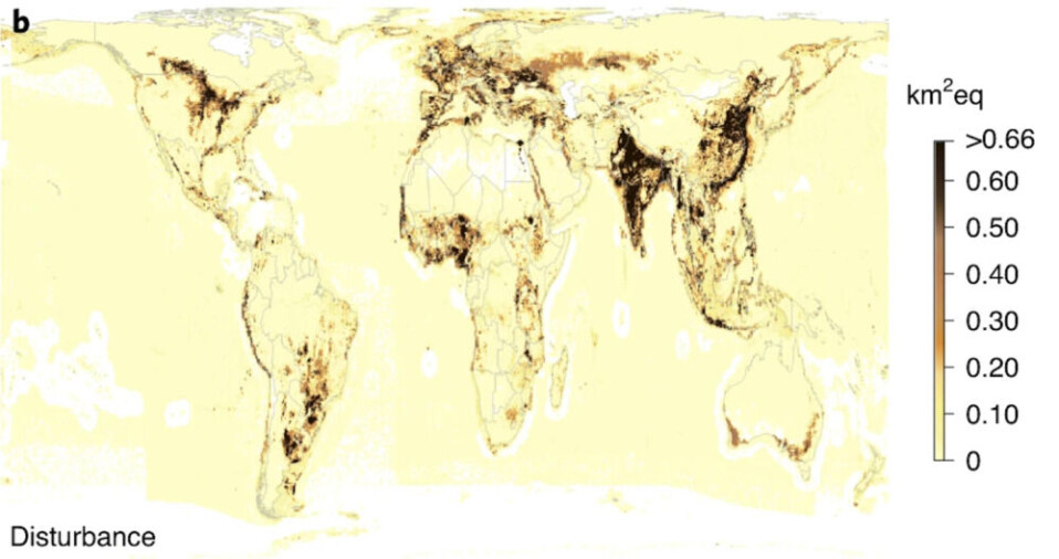 The darker the colour, the greater the distruction of habitat that occurs due to food production.