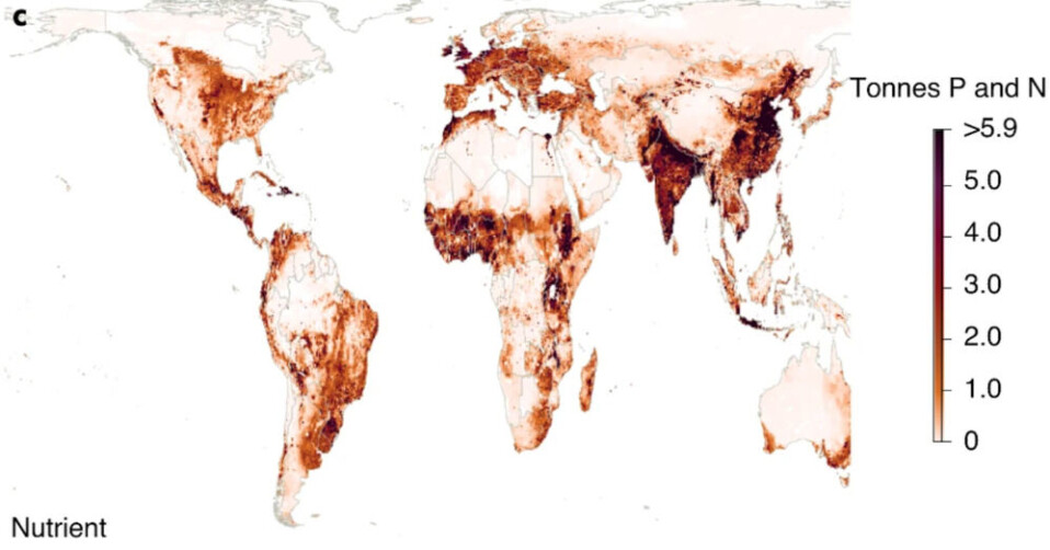 This map indicates the levels of nitrogen and phosphorous nutrient overuse.