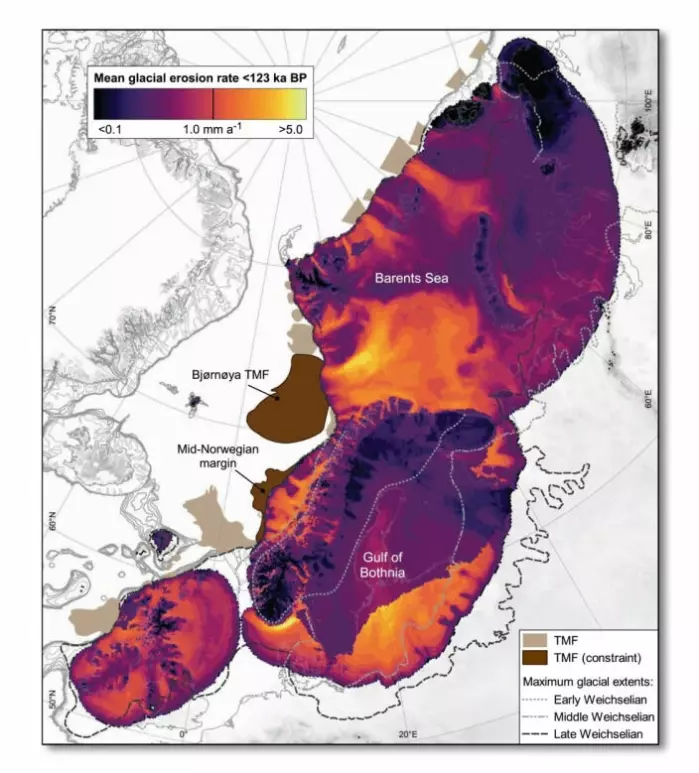 This map shows what the researchers found. The Eurasian ice sheet that settled over Scotland, Scandinavia, Finland and the Barents Sea excavated the most (light colour) in the sea. In particular, the ice eroded the Norwegian trench off southern Norway and at Bjørnøya in the Barents Sea. In many places in the mountains, the ice has protected the landscape (dark colour) against erosion.