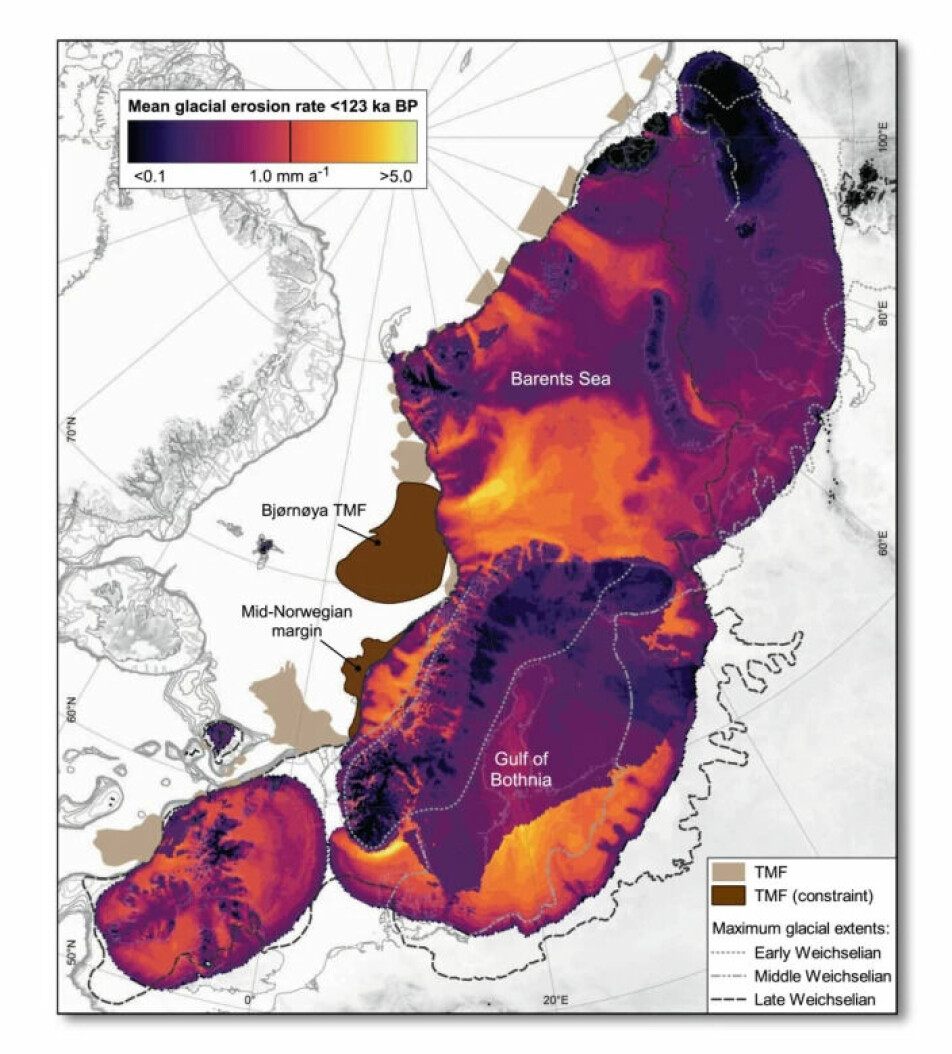This map shows what the researchers found. The Eurasian ice sheet that settled over Scotland, Scandinavia, Finland and the Barents Sea excavated the most (light colour) in the sea. In particular, the ice eroded the Norwegian trench off southern Norway and at Bjørnøya in the Barents Sea. In many places in the mountains, the ice has protected the landscape (dark colour) against erosion.