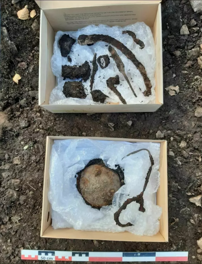 Some of the objects that were dug out from the grave. The box at the bottom contains the remains of the cape brooch with spheres, which helps archaeologists assign a preliminary date to the find.