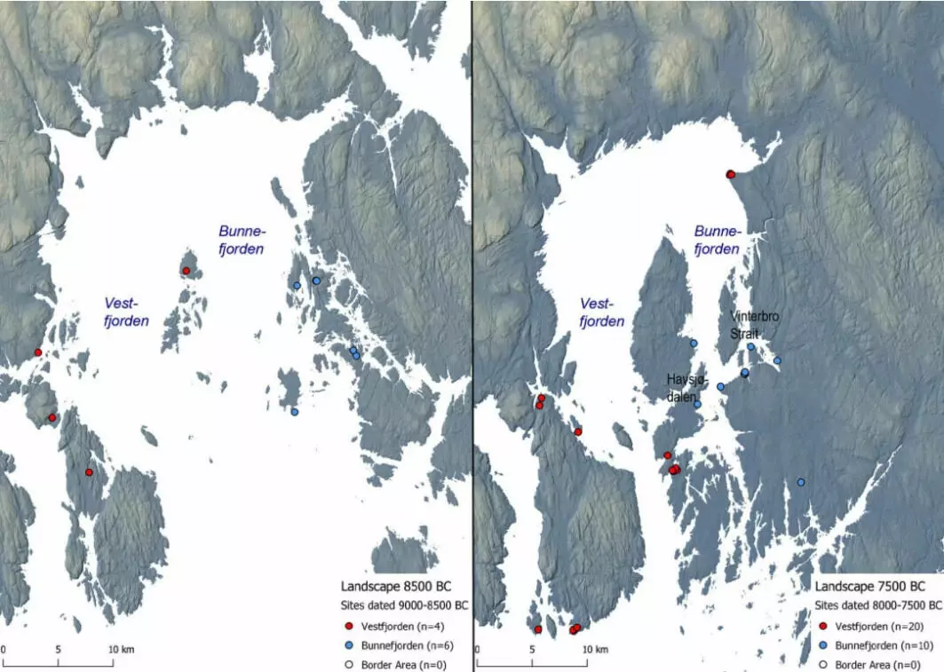 Map showing the Oslofjord 10 500 years ago (left) and 9 500 years ago (right). On the map to the right, note the strait Havsjødalen (in the middle of the map), the Vinterbro strait through today's lake Gjersjøen and the fjord that enters lake Årungen in Ås.
