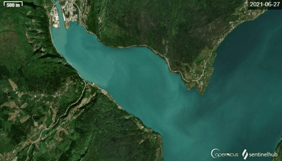 Satellite image of Gaupnefjorden. Glacial meltwater from Jostedøla turns the entire fjord bright green in just a few days.
