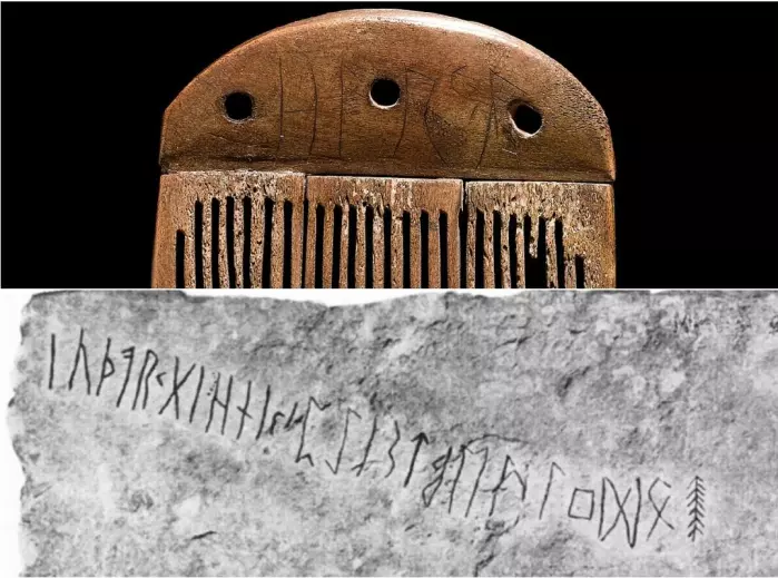 The runic letters connected the Vimose comb (top) from Denmark whitethorn beryllium from twelvemonth 160, and is considered 1 of the oldest known runes. The Kylver chromatic from Gotland (bottom) is the oldest known illustration of the full runic alphabet. The archetypal letters are f-u-th-a-r-k.